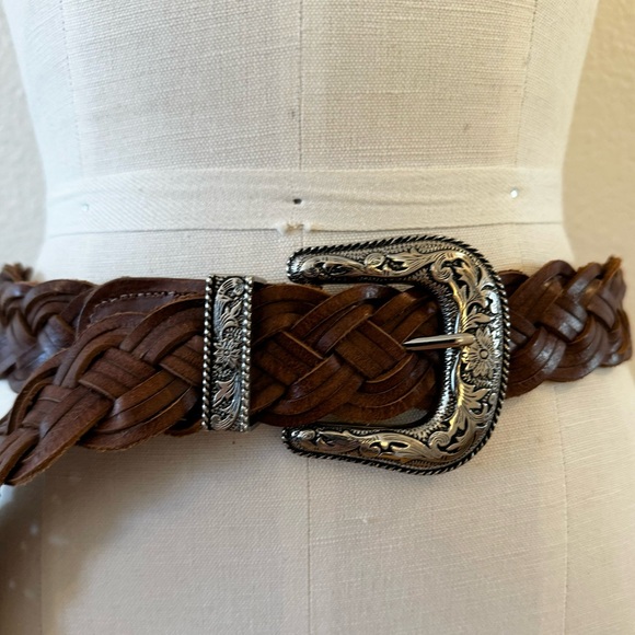 Vintage Brown Leather Woven Belt w/ Silver Buckle - Picture 2 of 6
